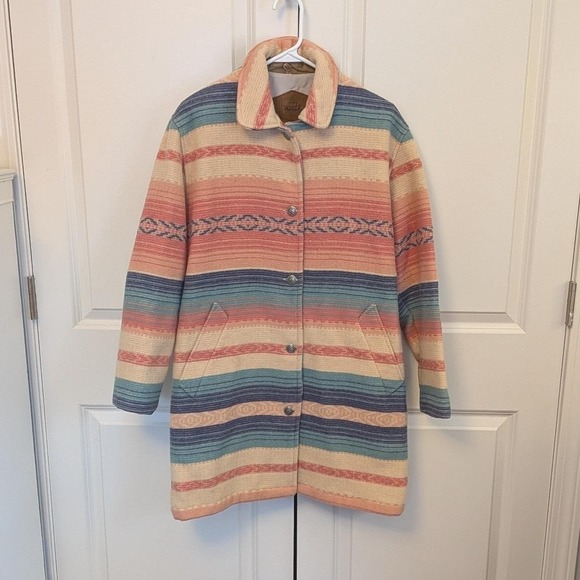 Woolrich Jackets & Blazers - Vtg Woolrich Womens Southwestern Aztec Wool Blanket Coat Sz Small Pink Striped